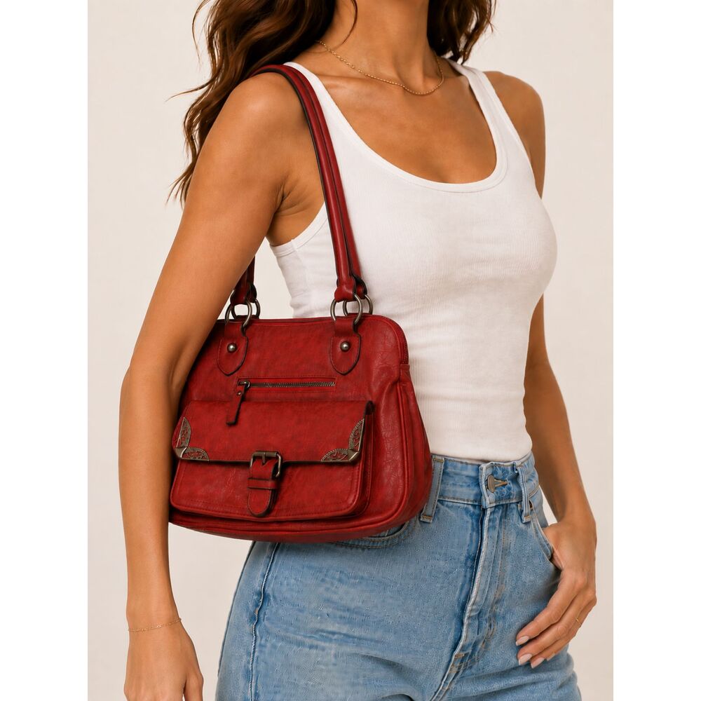 Bueno Red Western Satchel Shoulder Bag Buckle Silver Hardware Y2K Boho Purse